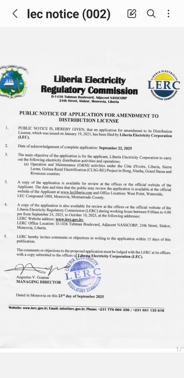 Liberia Electricity Regulatory Commission Public Notice of Application for Amendment to Distribution License
